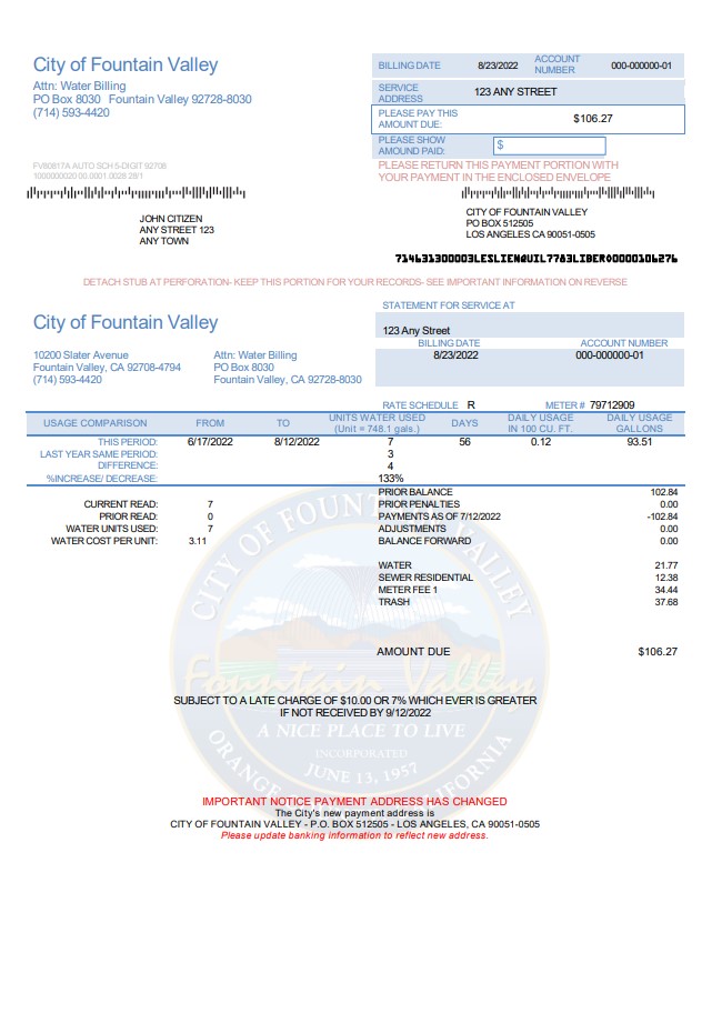 USA California City of Fountain Valley utility bill template in Word and PDF format
